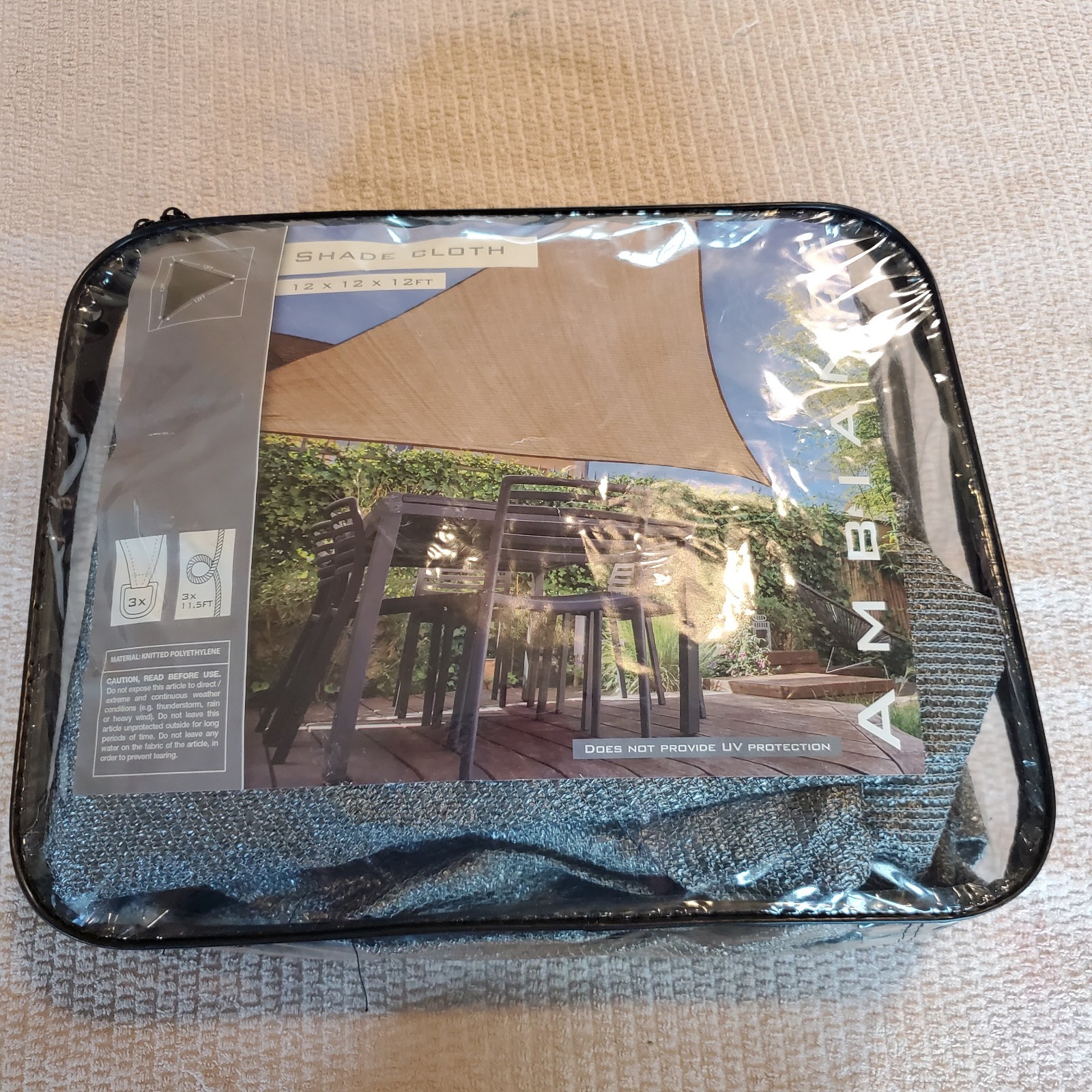 Ambiance Patio Cover Shade Cloth/ Net 12x12x12 Triangle Steel Gray Color New