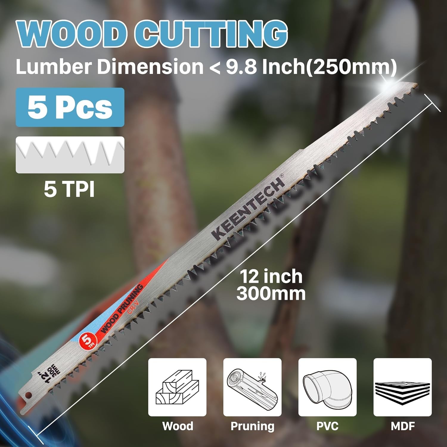 KEENTECH 12" Reciprocating Saw Blades, 5-Pack Wood & Tree Pruning, 5 TPI