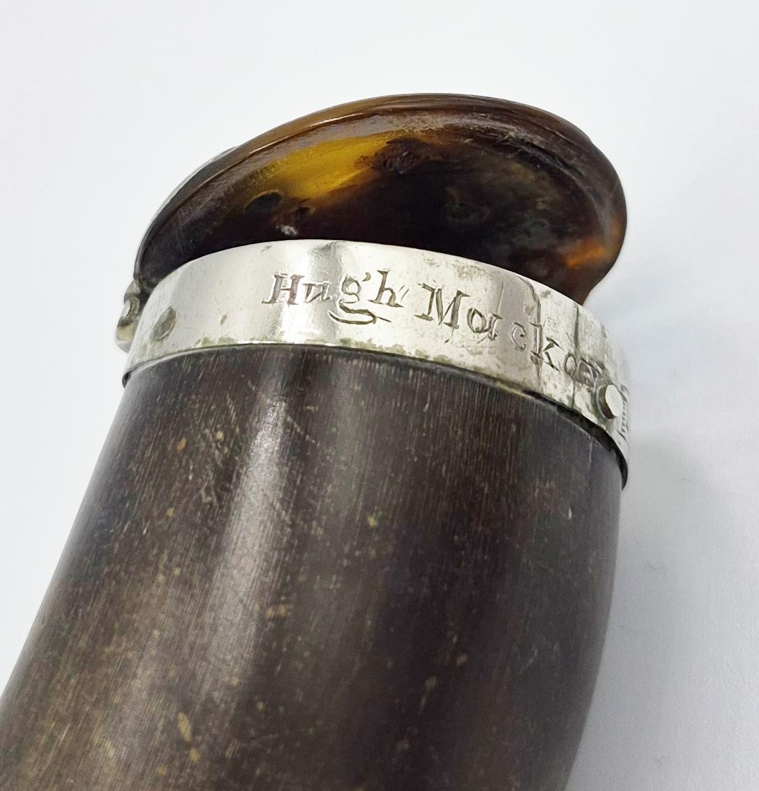 VICTORIAN SCOTTISH SILVER PLATE MOUNTED RAMS HORN SNUFF MULL c1864 HUGH MACKAY