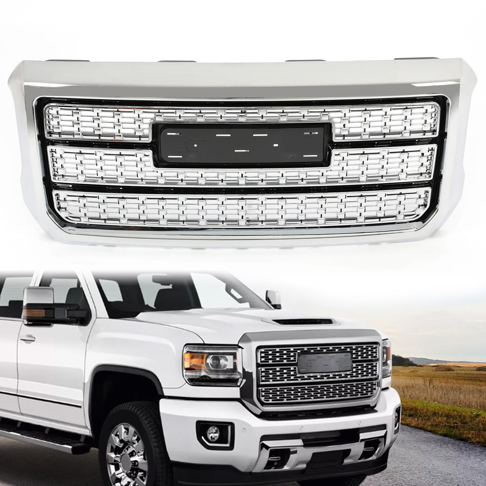 Chrome Front Grille ABS Grill W/ Snap For GMC Sierra 2500HD 3500HD 2015-2019