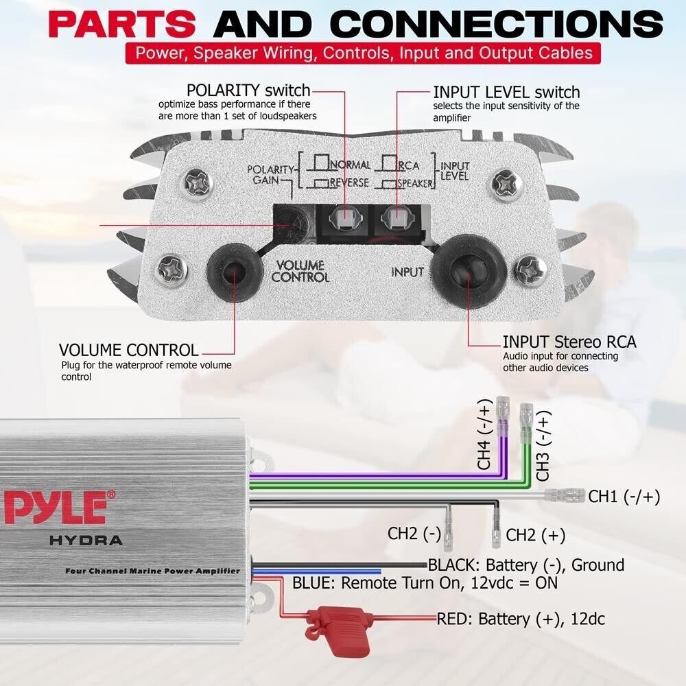 Pyle PLMRMP3A 800W 4-Channel Waterproof MP3/iPod Marine Power Amplifier