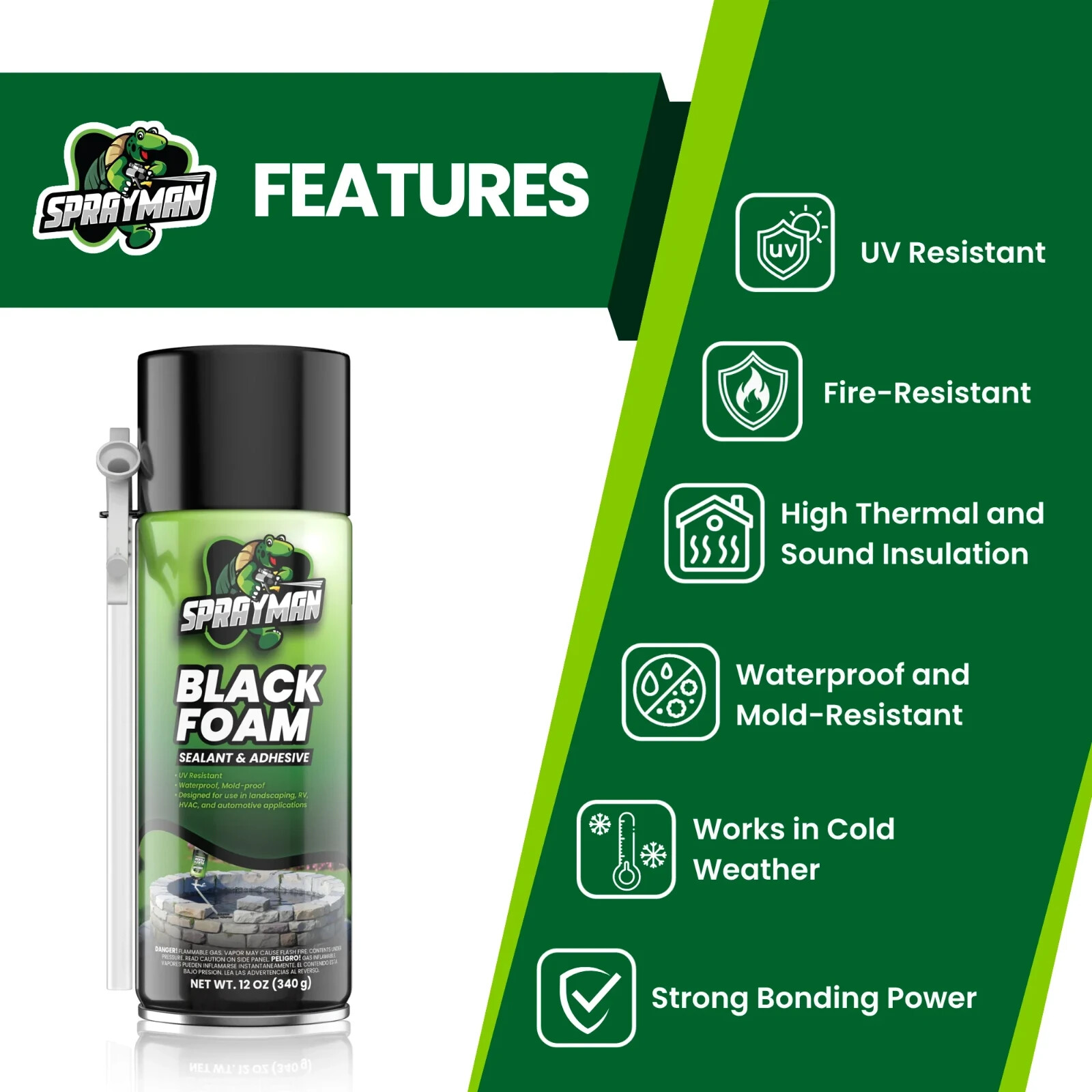 Sprayman Black Foam Sealant - Pond Waterfall Landscaping, 12oz 2 Pk - Straw Use