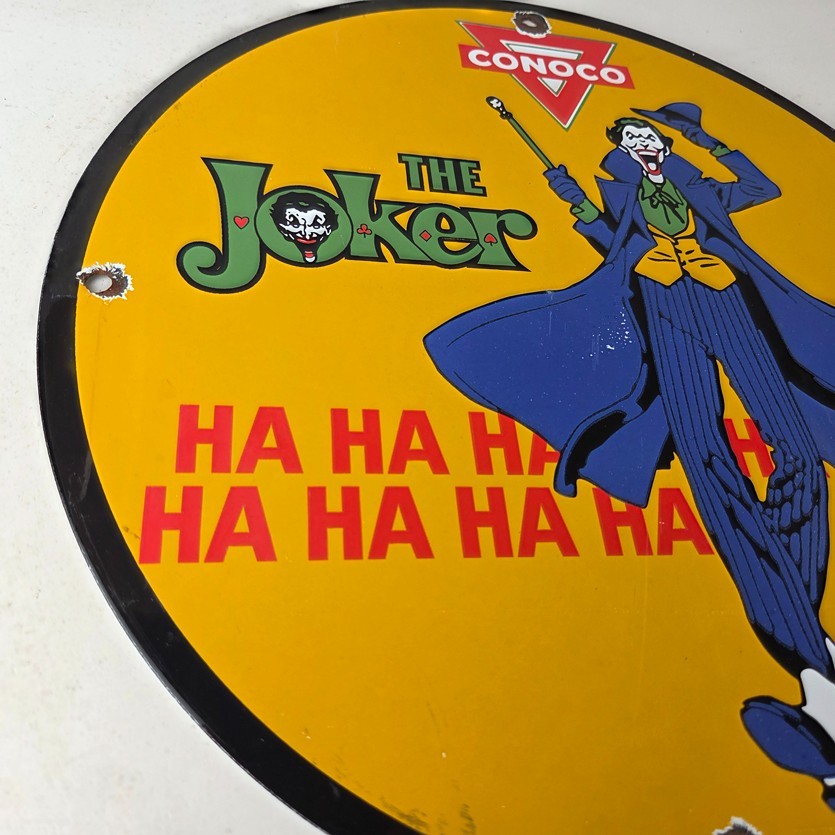 Vintage Conoco Gasoline Porcelain Sign - Joker Batman N-Tane Comic Gas Pump Sign