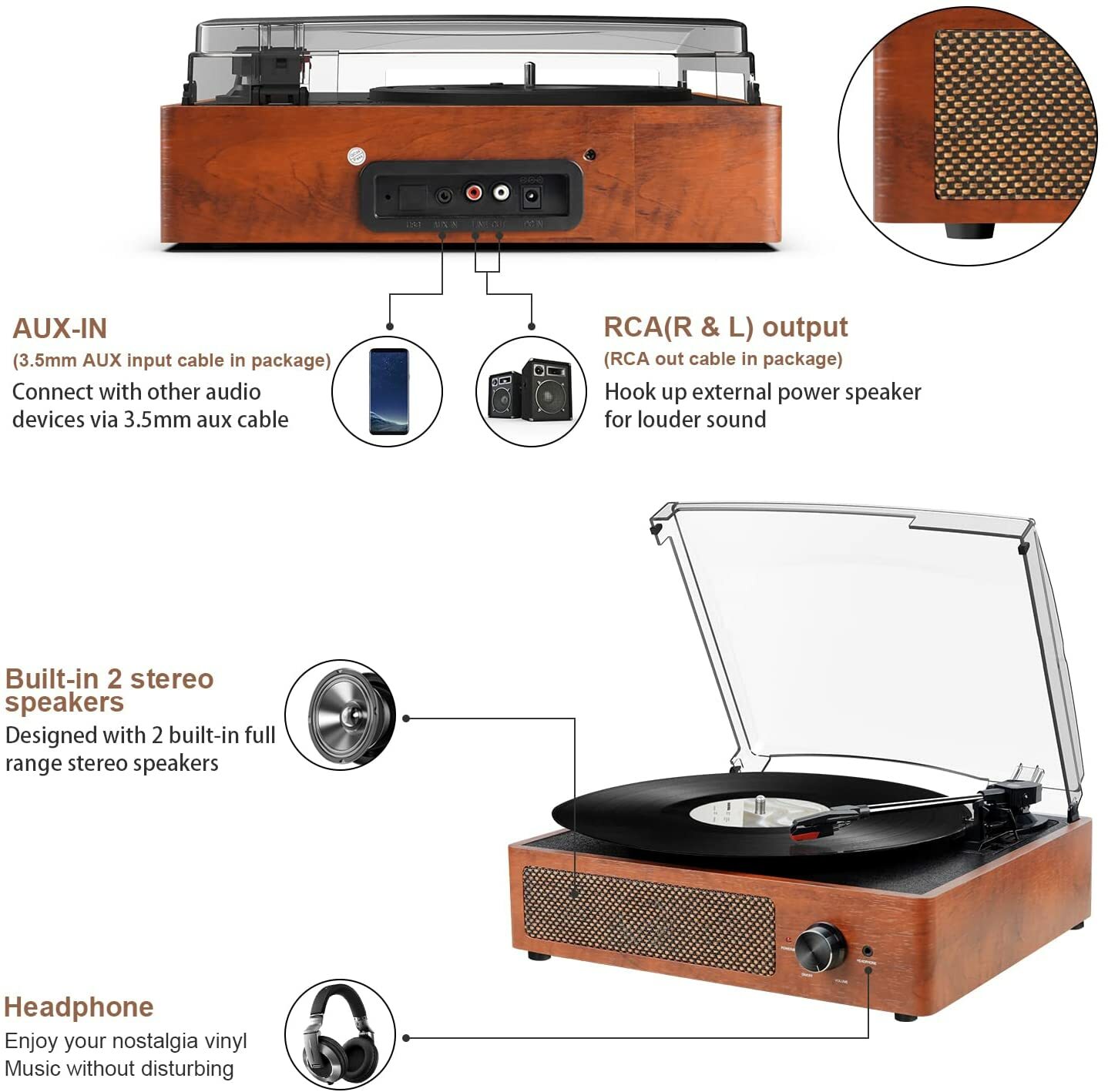 Bluetooth Record Player Belt-Driven 3-Speed Turntable, with Headphone Jack