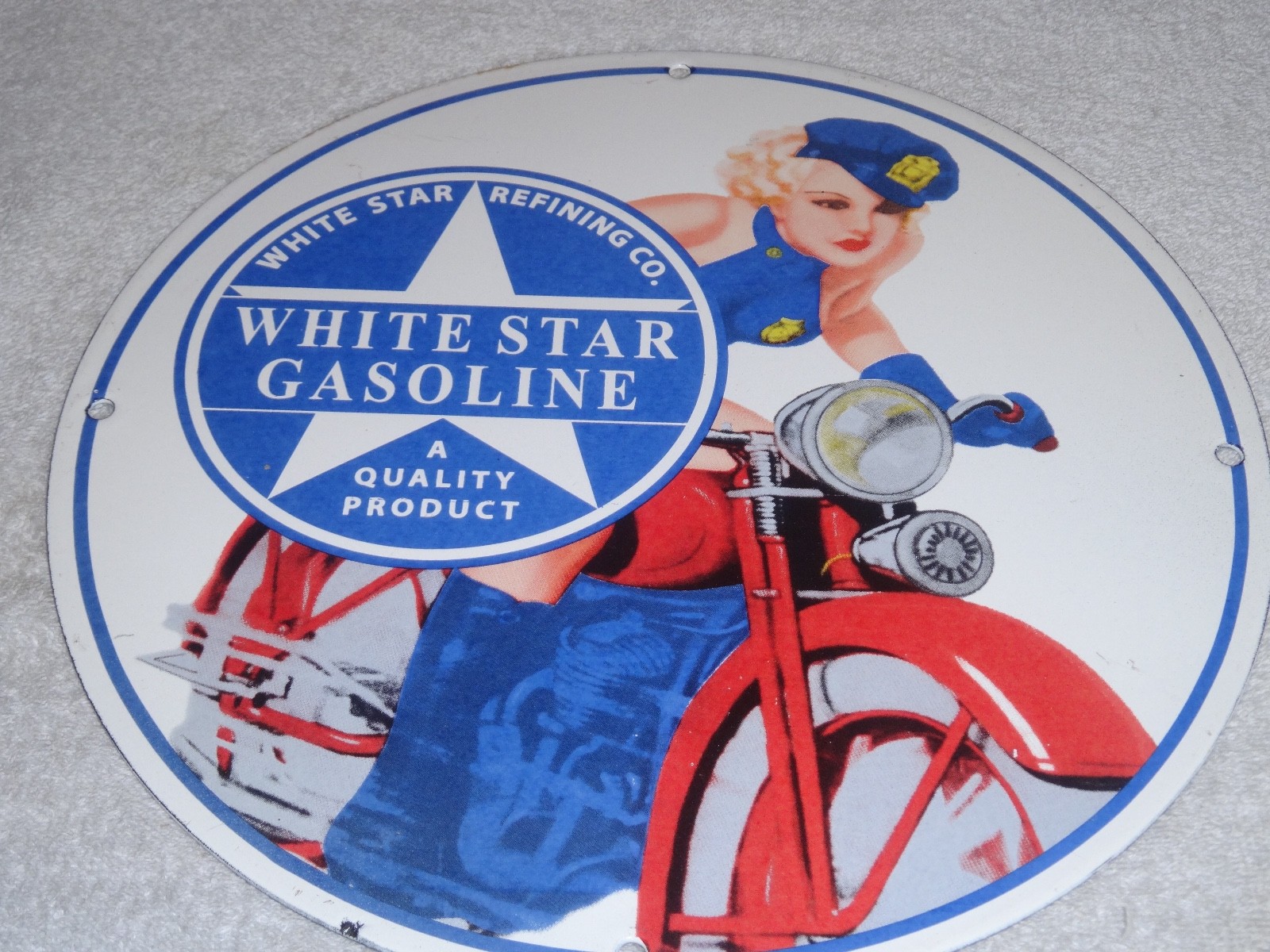 VINTAGE WHITE STAR GASOLINE "WOMAN ON MOTORCYCLE" 12" PORCELAIN METAL MOBIL SIGN