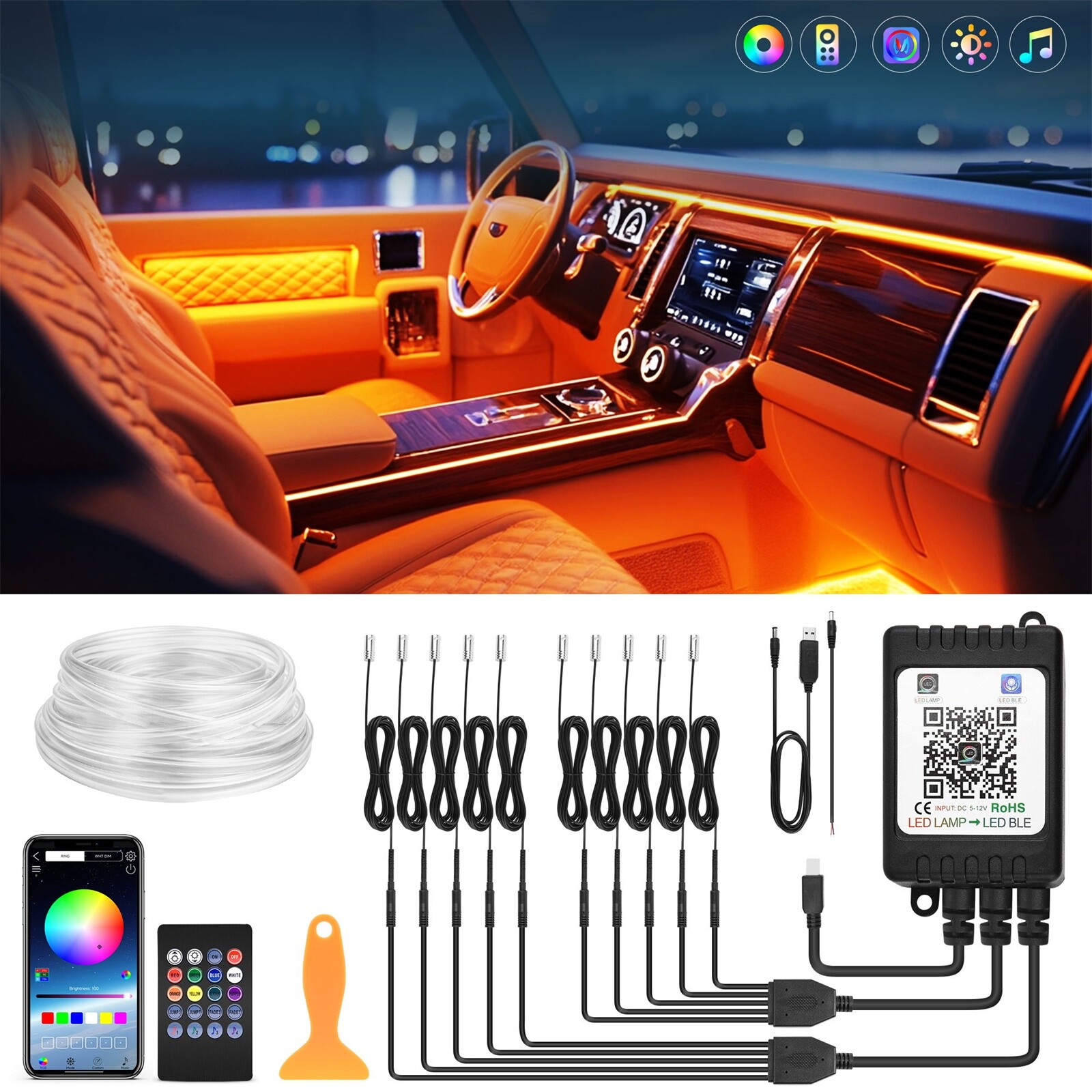 RGB 10-in-1 Interior Car LED Strip Light Neon Ambient Light Kit Fiber Optic Tube