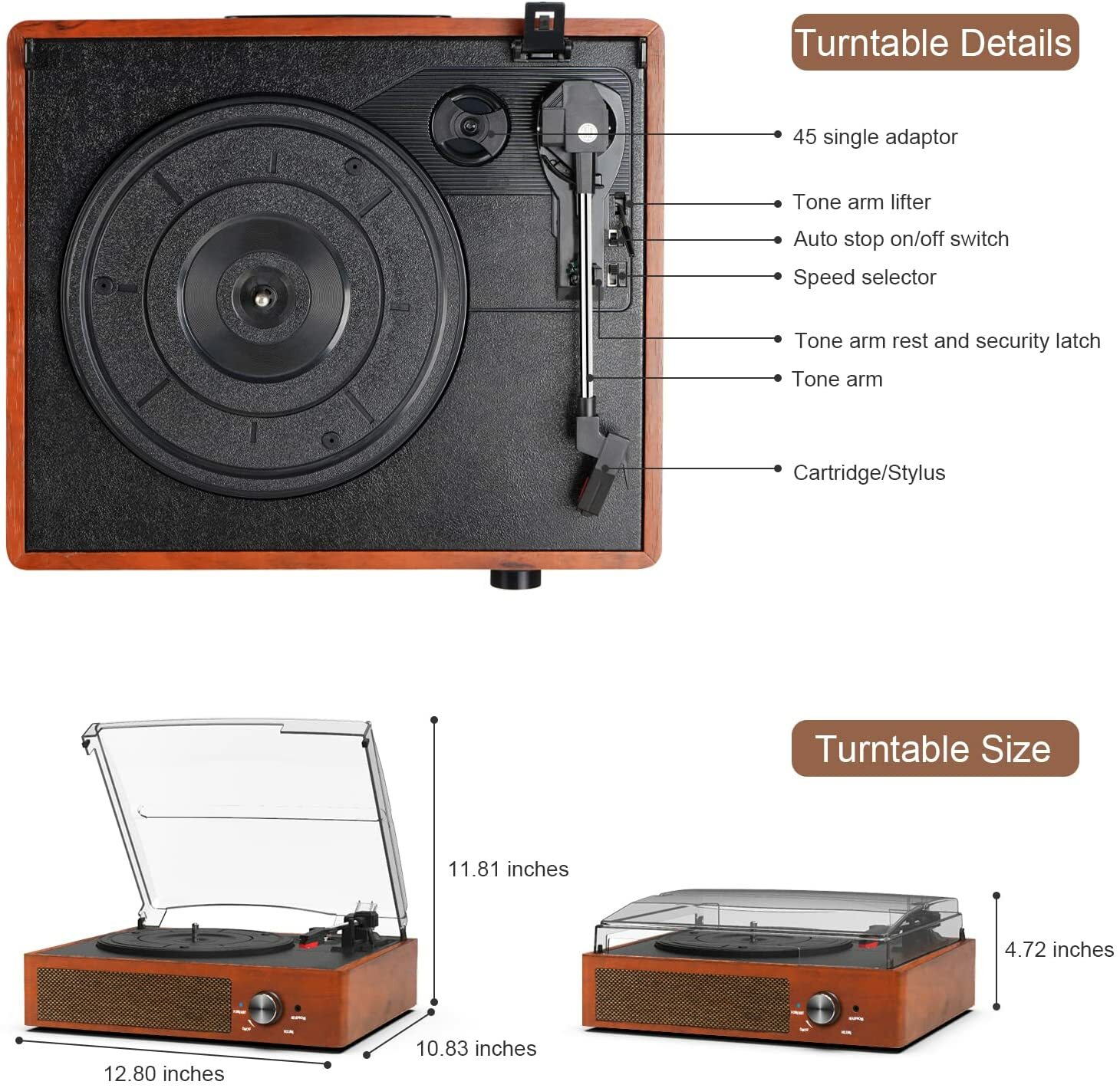 Bluetooth Record Player Belt-Driven 3-Speed Turntable, with Headphone Jack