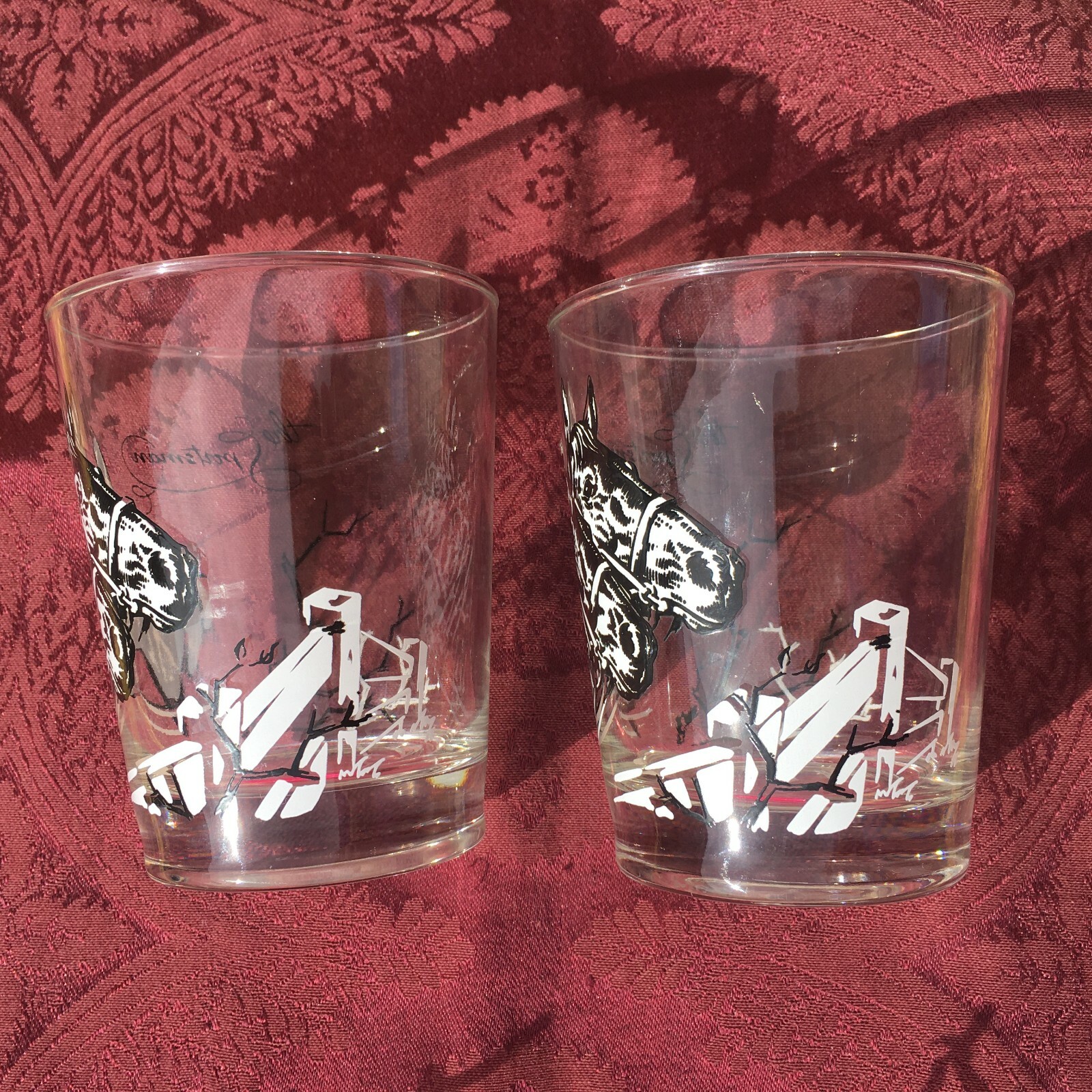 VTG Mid Century MCM Equestrian Highball Drinking Glasses Horse Race Western Pair