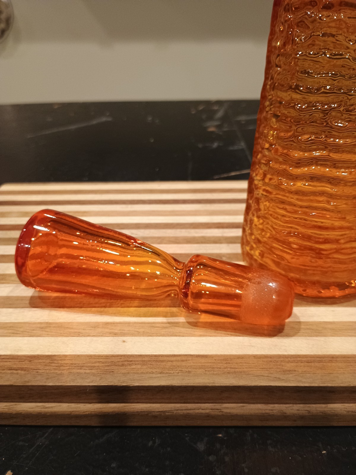 Vintage MCM 11" Rainbow Ribbed Glass Tangerine Orange Decanter With Stopper