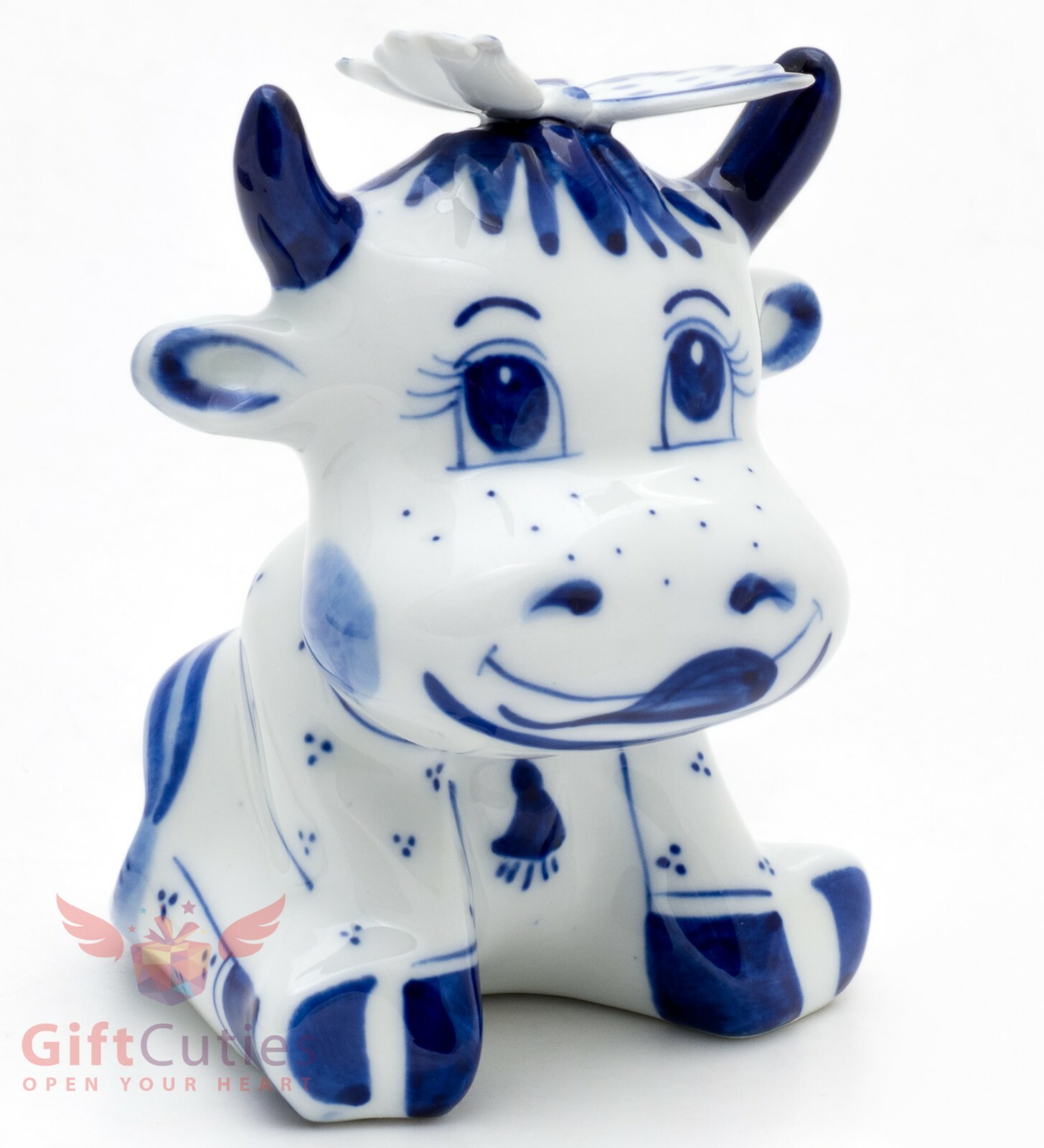 Bull calf cow Gavrusha with a butterfly collectible Gzhel Porcelain Figurine