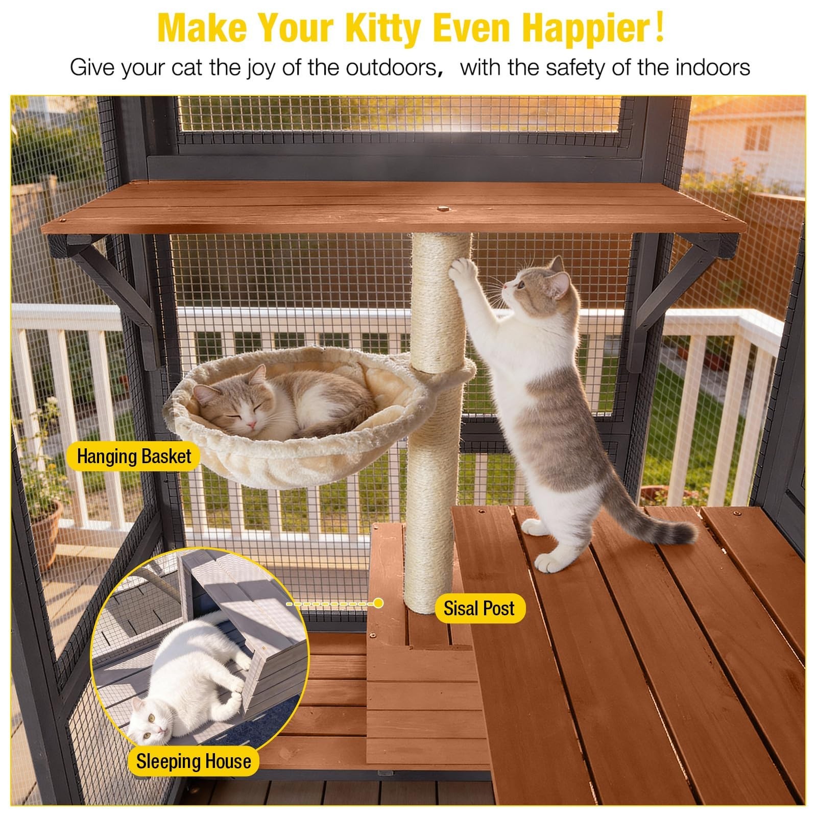 Catio Outdoor Cat Enclosure with Scratch Post, Hammock, Large Window Cat House
