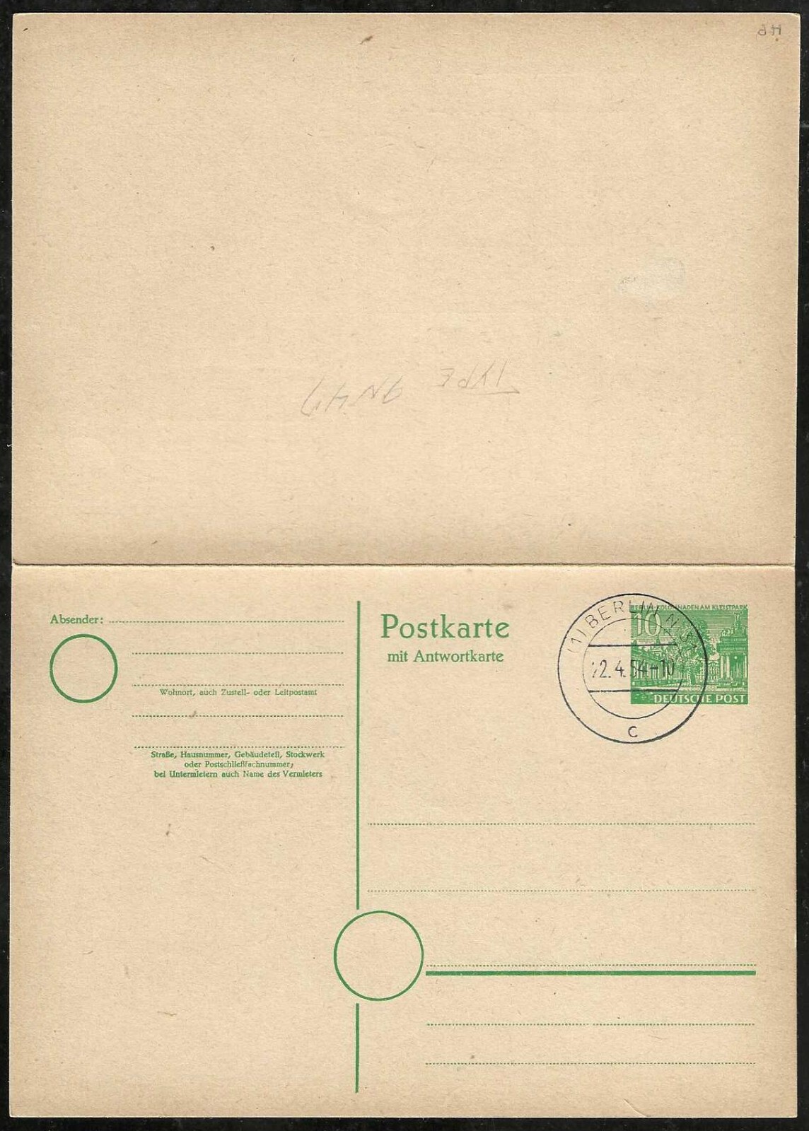 BERLIN 1949 Postal Card + Unsevered Reply Card HG7