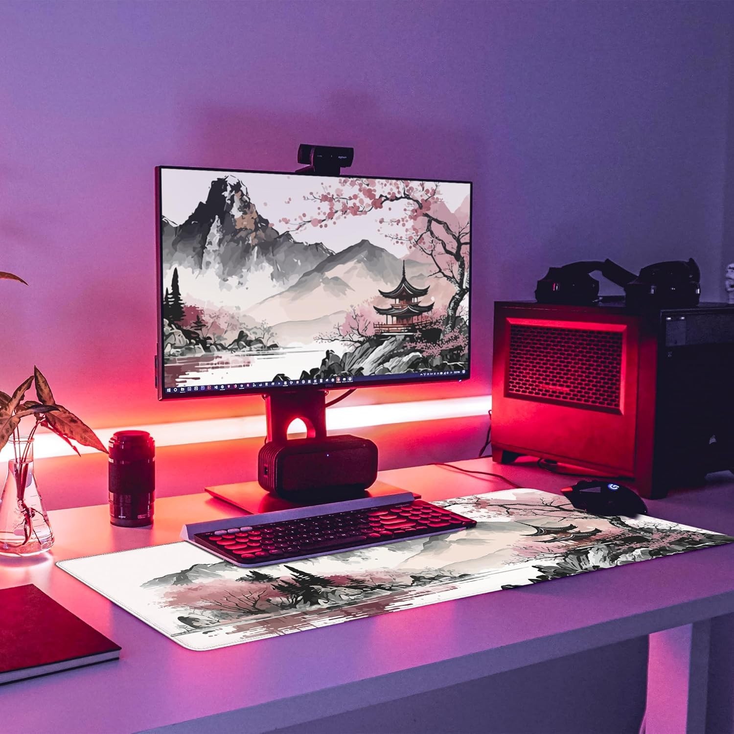 Watercolor Cherry Blossom Gaming Mouse Pad Large 31.5x11.8 Inch Non-Slip Rubber