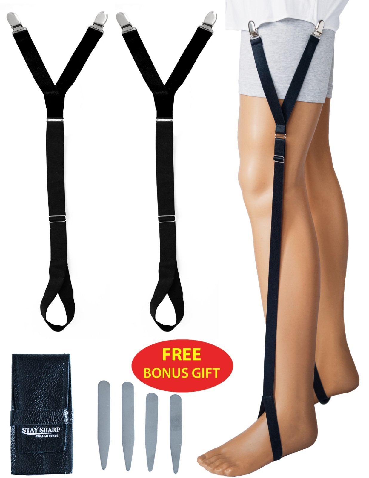 GARTER SHIRT STAYS BLACK MILITARY GRADE ADJUSTABLE COMFORTABLE + FREE GIFT