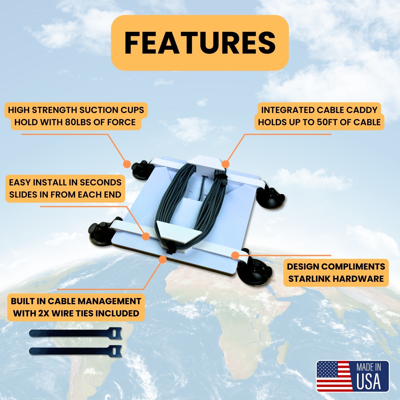 Suction Cup Mount with Cable Caddy for Starlink Mini – Ideal for Cars, RV, Boat