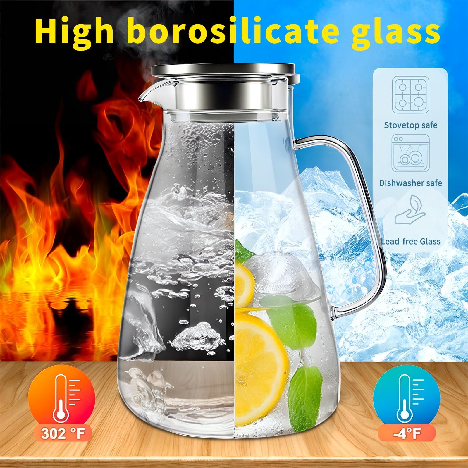 2 Liter 68 oz Glass Pitcher with Lid, Modern Design, Transparent, Leakproof, ...