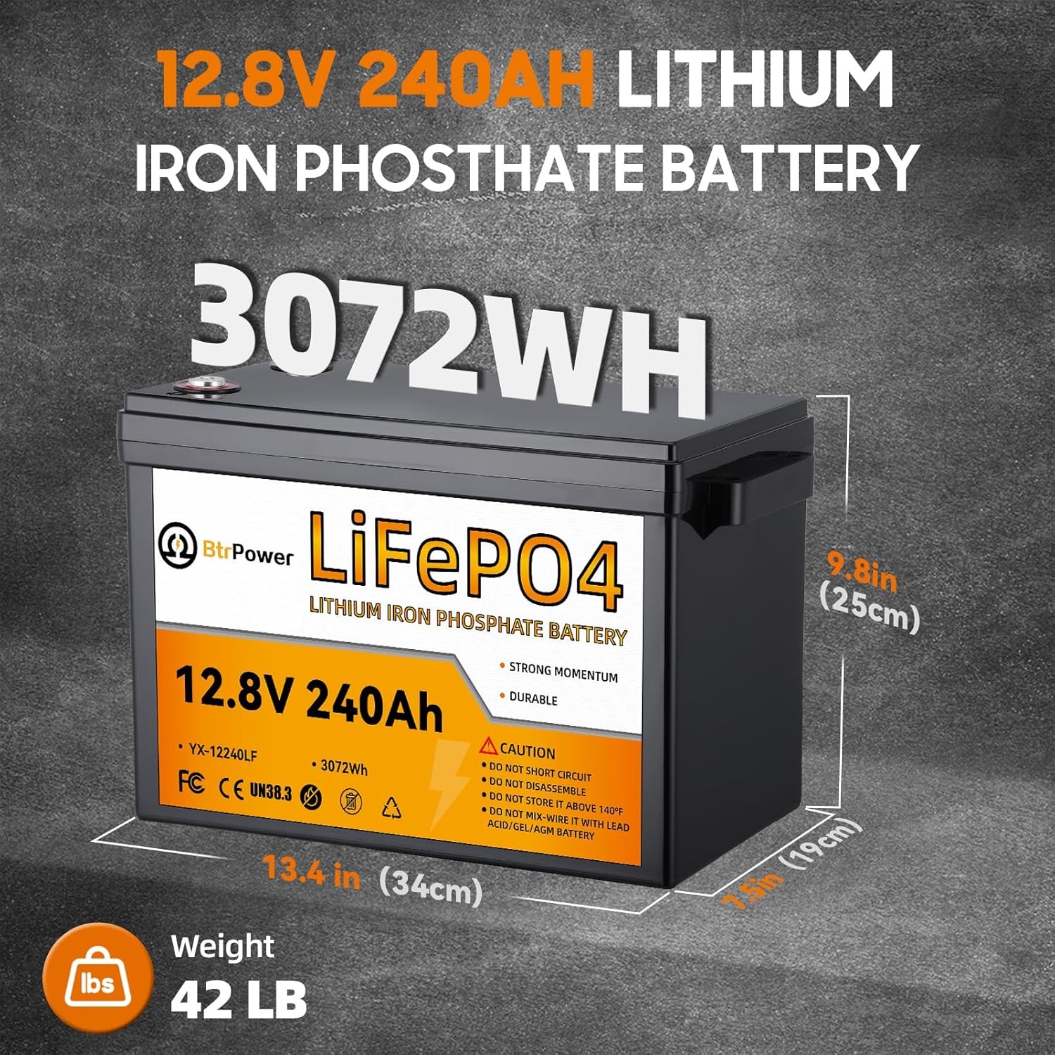 BtrPower 12V 240Ah Lithium LiFePO4 Battery with 100A BMS for Golf Cart RV Solar