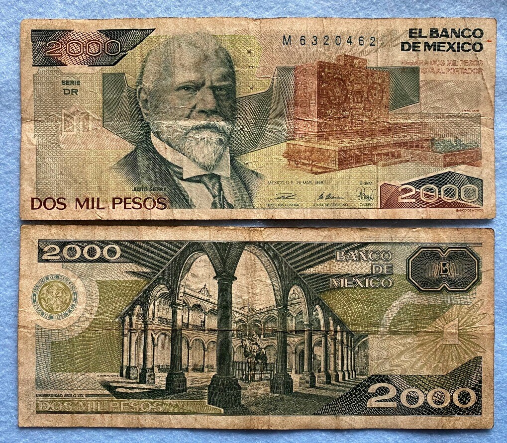 ONE CIRCULATED Mexico Banknote 2000 Pesos Paper Money Mexican bills 2 Mil Pesos