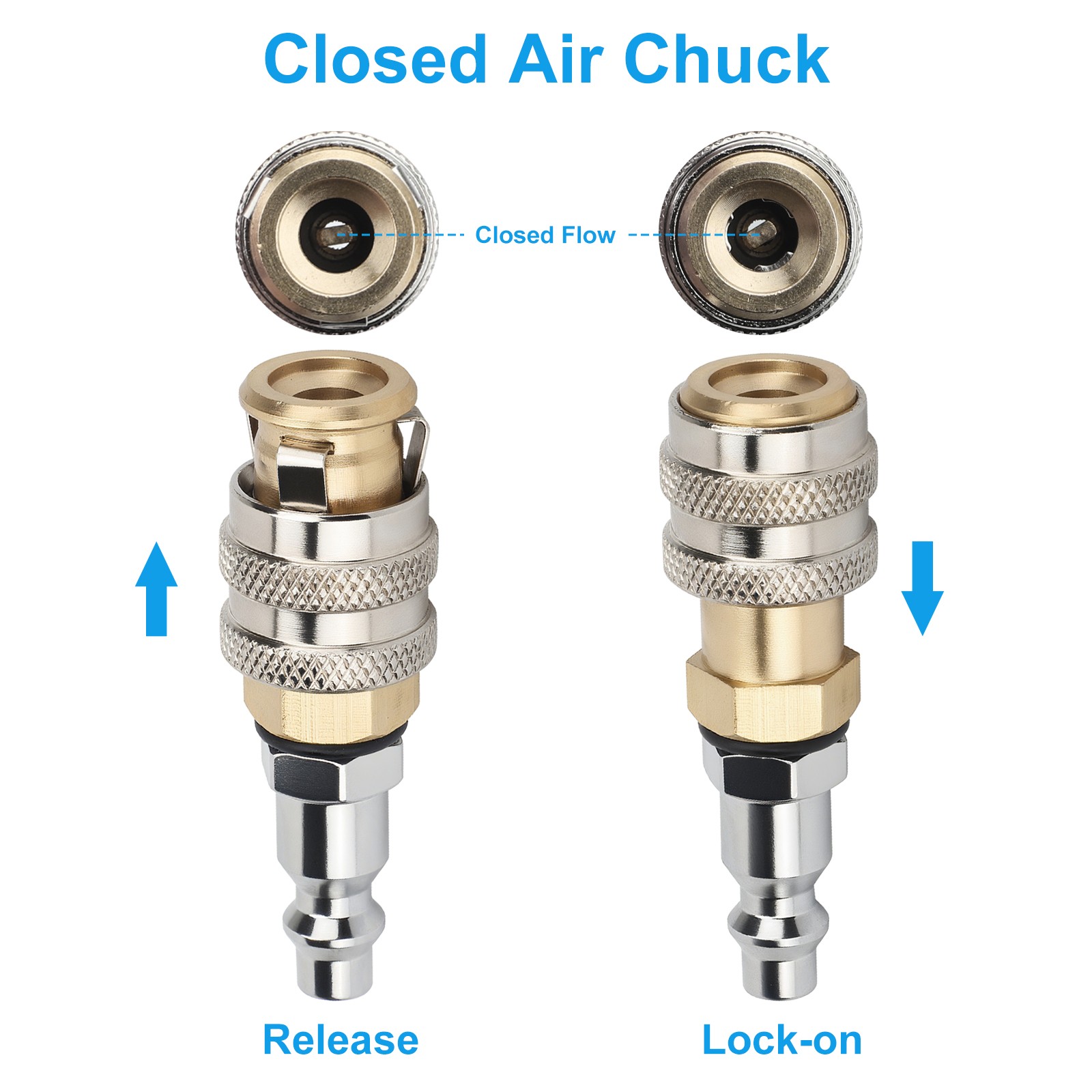 2pcs Closed 1/4" Brass Lock On Air Chuck + Quick Connect for Tire Inflator Gauge