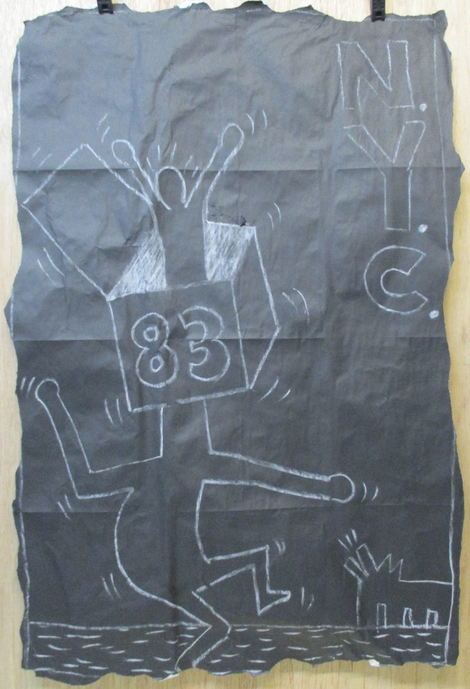 SUBWAY DRAWING chalk on black paper NYC 83 boxhead  dog Graffiti - KEITH HARING