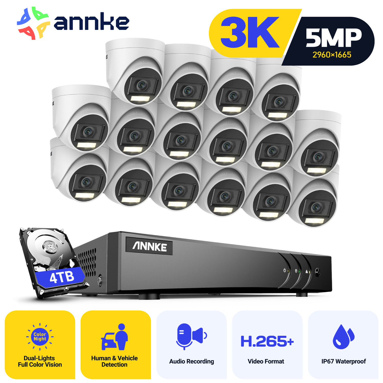 ANNKE 16CH DVR 5MP Audio Security Camera System AI Detection Outdoor Color Night