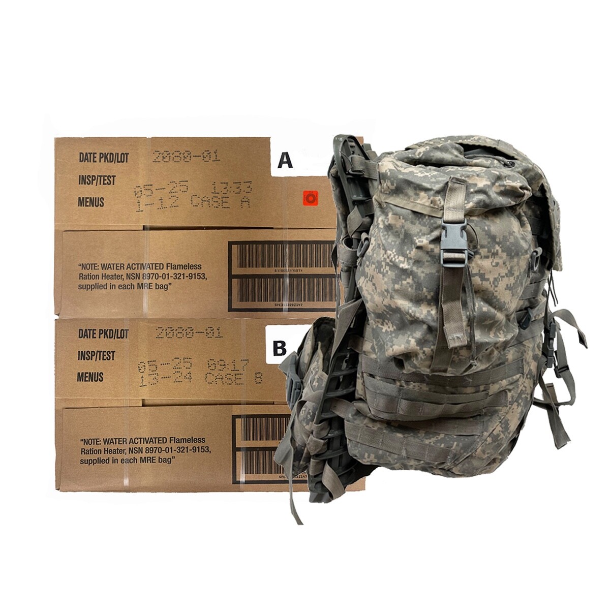Military MRE A&B Cases Insp Date 2025 or Newer & ACU Ruck Sack Combo!