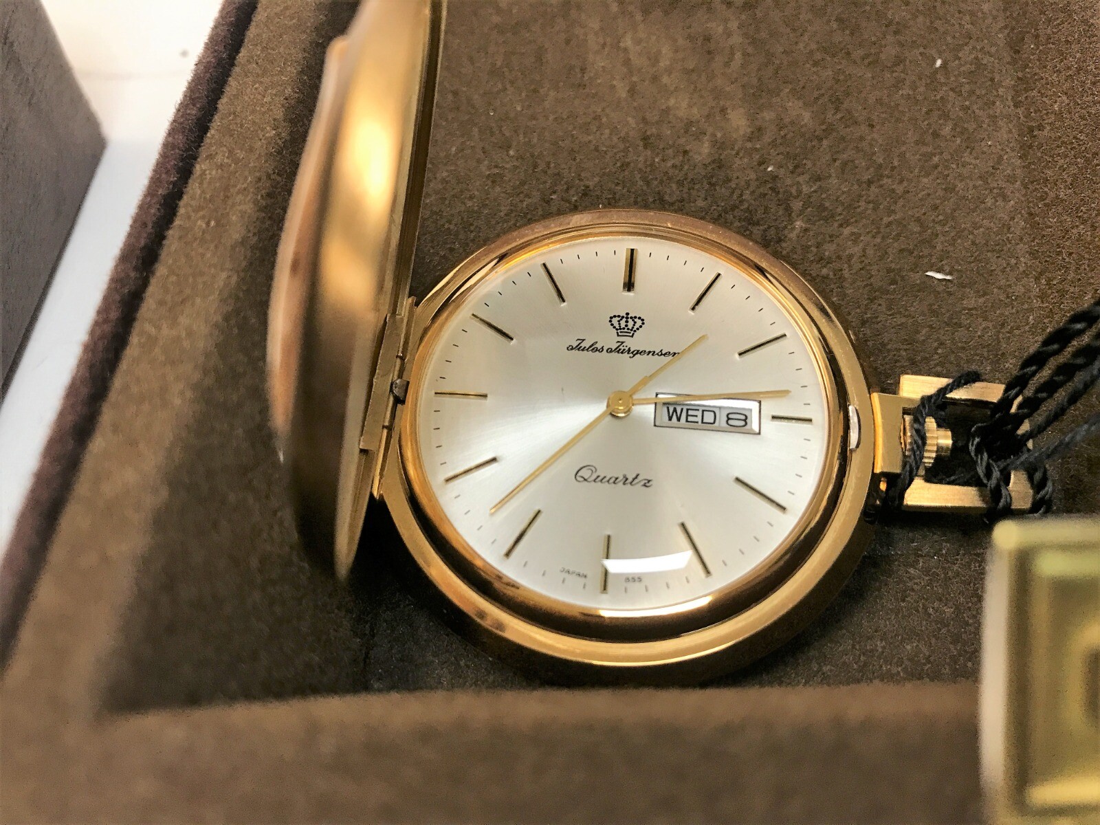 Rare NOS 1970s Jules Jurgensen Gold Tone White Dial Day Date Pocket Watch 6062Q