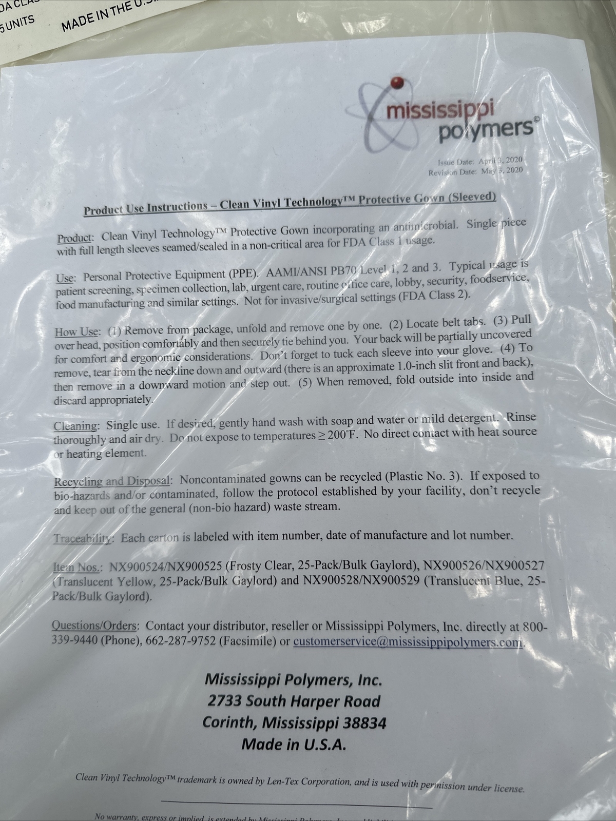 Case of 25 Mississippi Polymers Sleeved Vinyl Protective Gown Translucent/clear