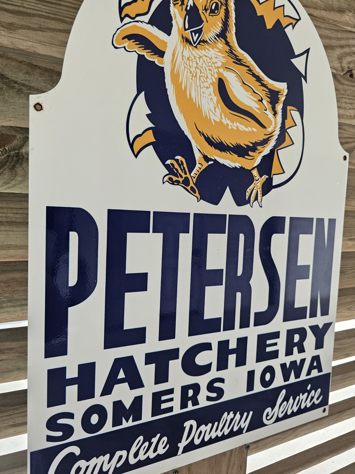 RARE VINTAGE PETERSEN HATCHERY, SOMERS IOWA 24"X 17" PORCELAIN SIGN SUPER NICE
