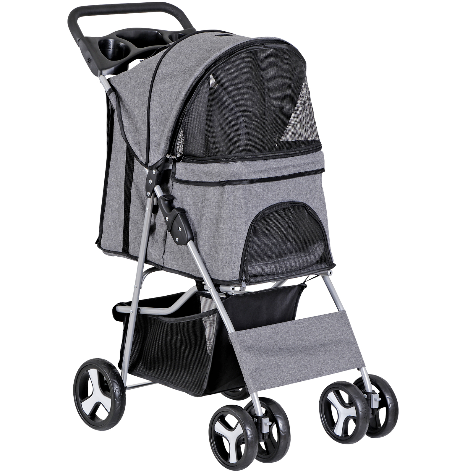 Foldable Carrier Strolling Cart 4 Wheel Pet Stroller for Dog w/ Cup Holder Gray