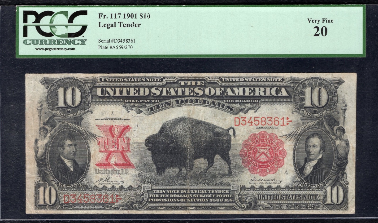 FR. 117 1901 $10 “BISON” LEGAL TENDER UNITED STATES NOTE PCGS VERY FINE-20
