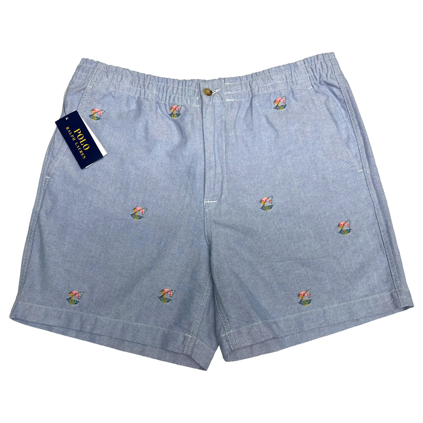 Polo Ralph Lauren Classic Fit 6" Oxford Short Flamingo Embroidery Blue $125 NOLA