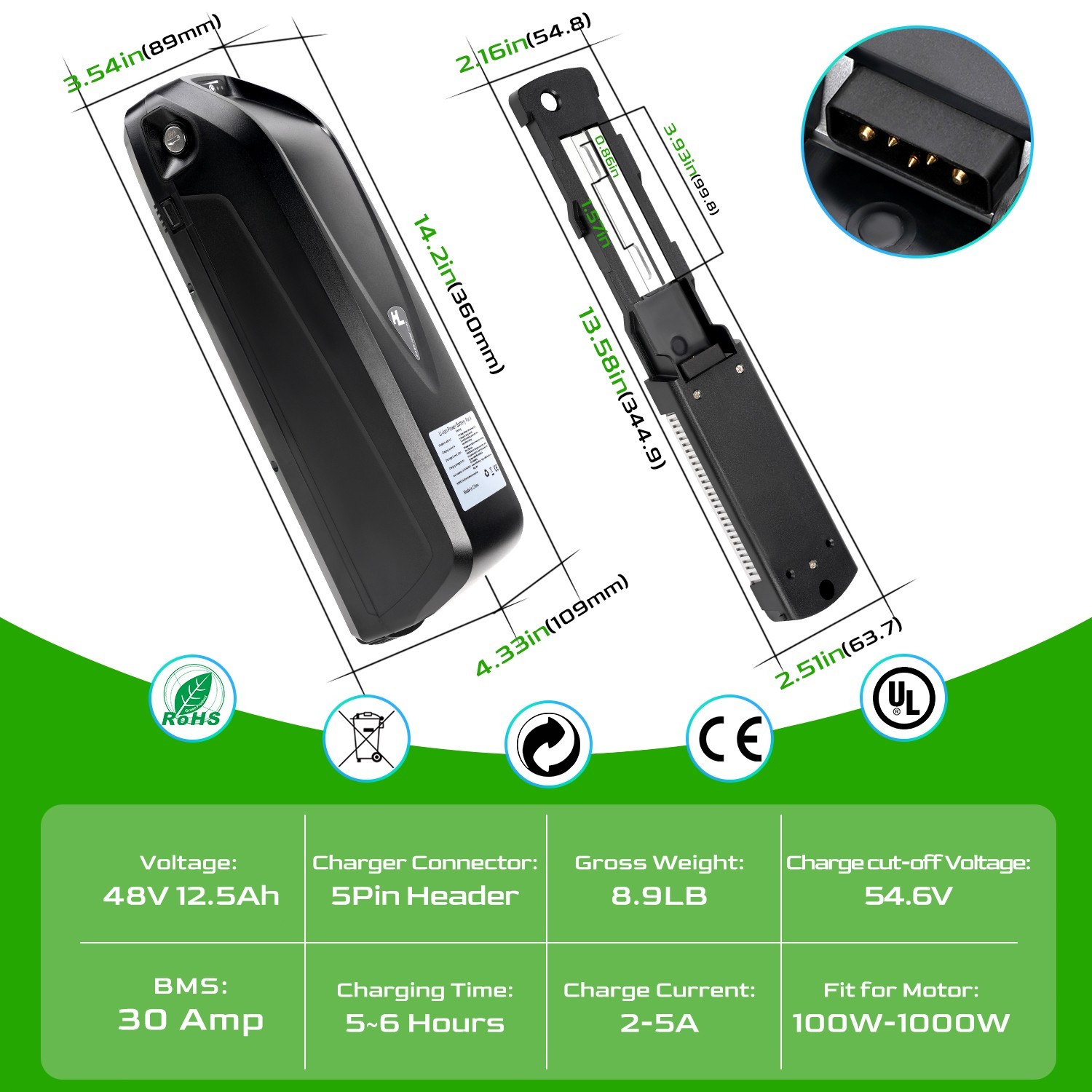 48V Hailong Lithium Ebike Battery 48V 12.5Ah Electric Bike Battery For 200-1000