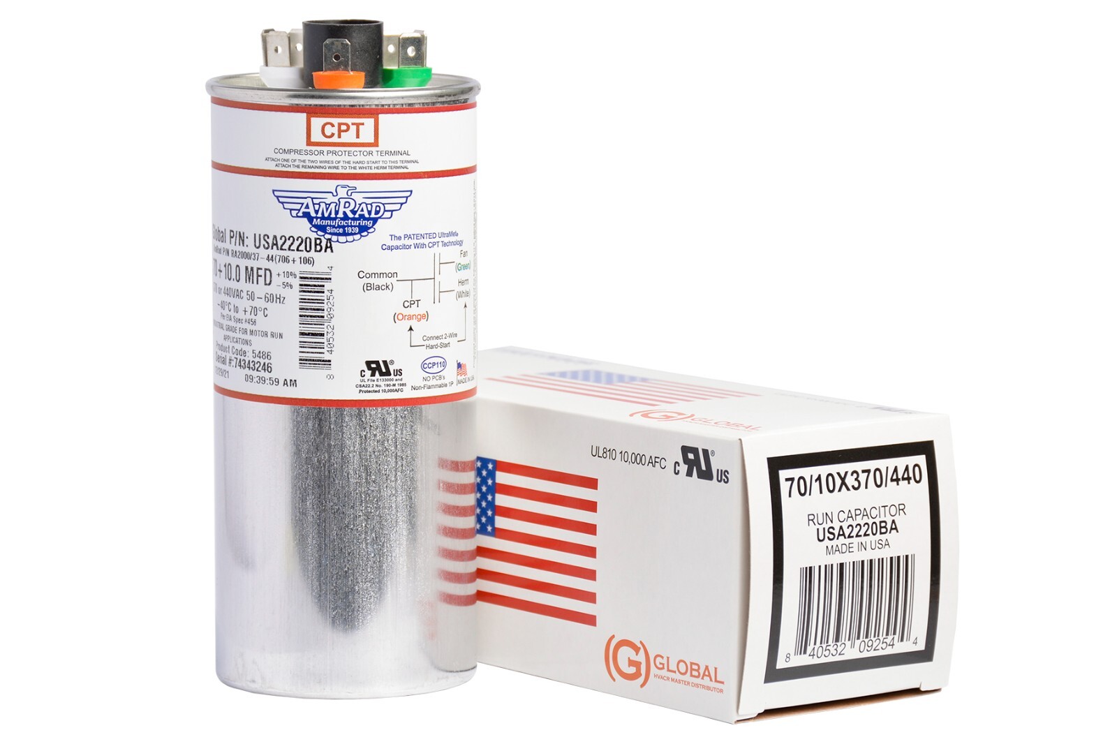 AmRad USA2220BA Round Run Capacitor 70+10 uF MFD 370 / 440 Volt Made in USA