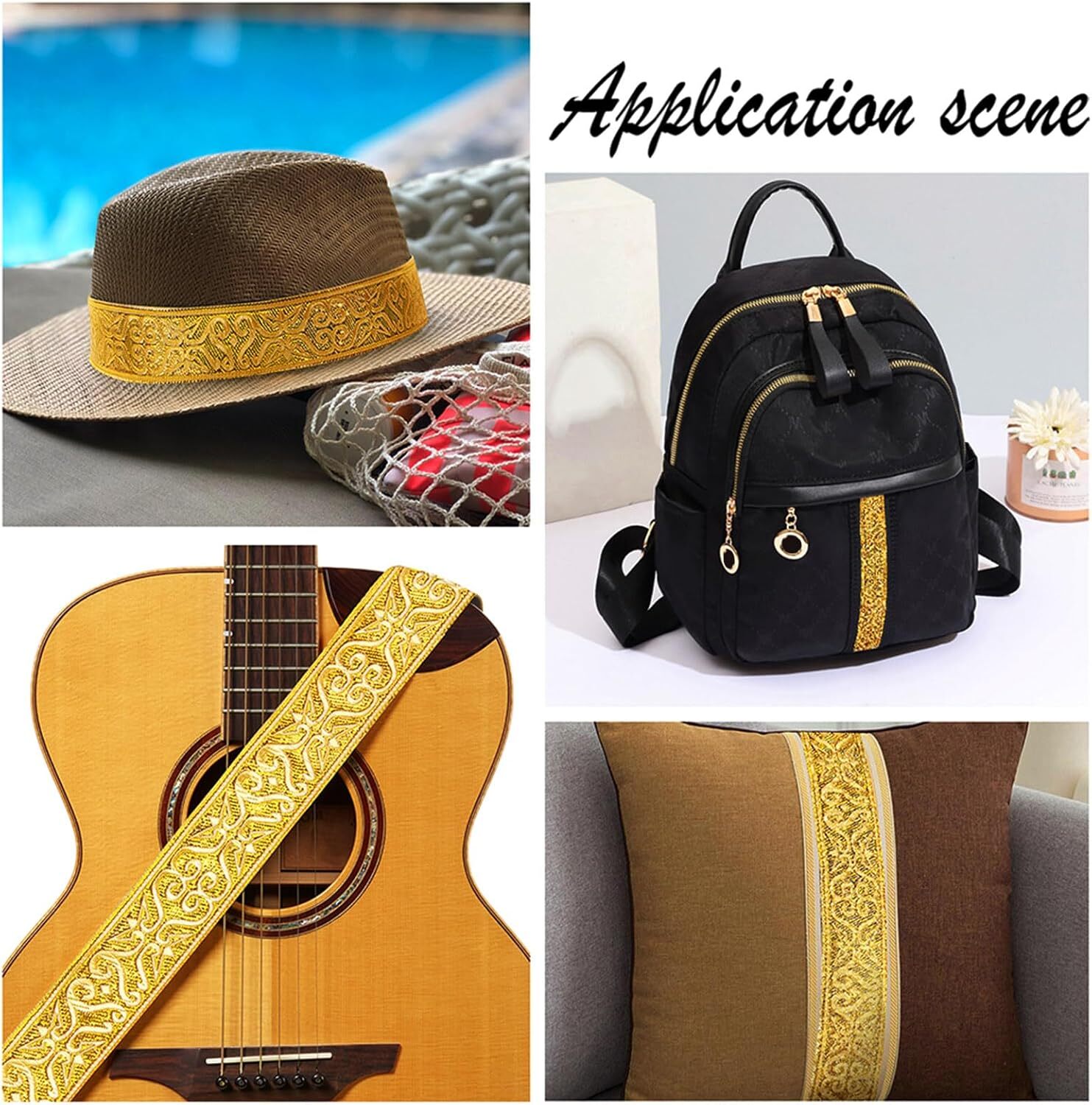 7.7 Yards Gold Jacquard Ribbon Trim, 1-1/4 Inch Wide Boho Woven Trim Ethnic Flor