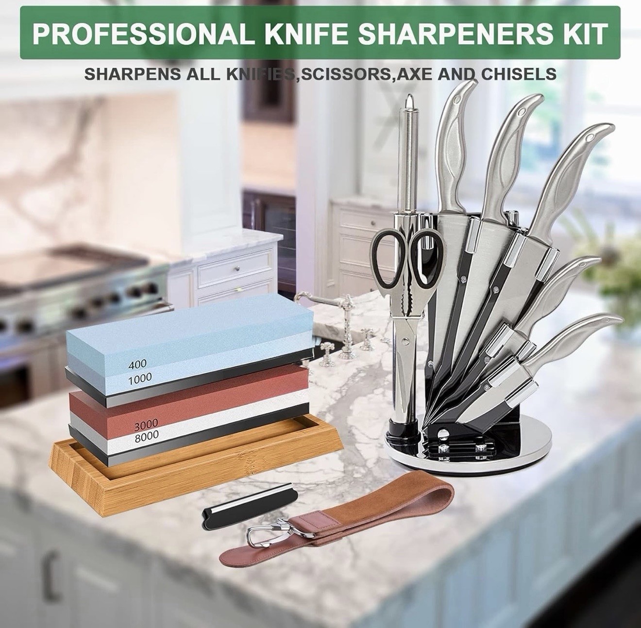 Knife Sharpening Stone Set, Professional 4 Side Grit 400/1000 3000/8000 Premi