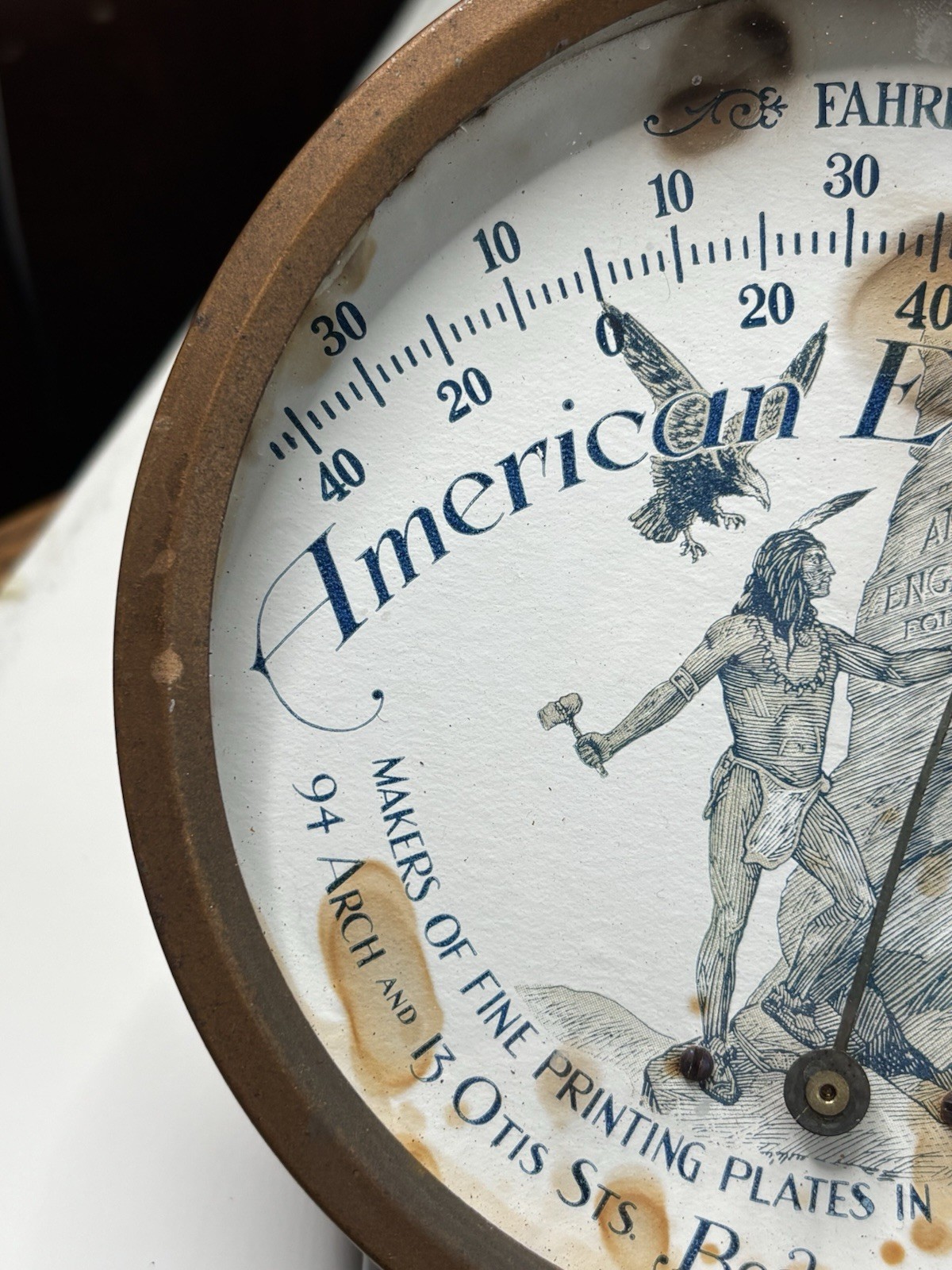 Antique Original RARE American Engraving Thermometer Trade Sign Indian Eagle MA