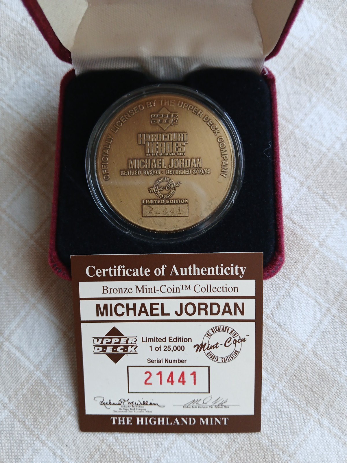 1995 Michael Jordan Highland Mint Bronze Coin with COA