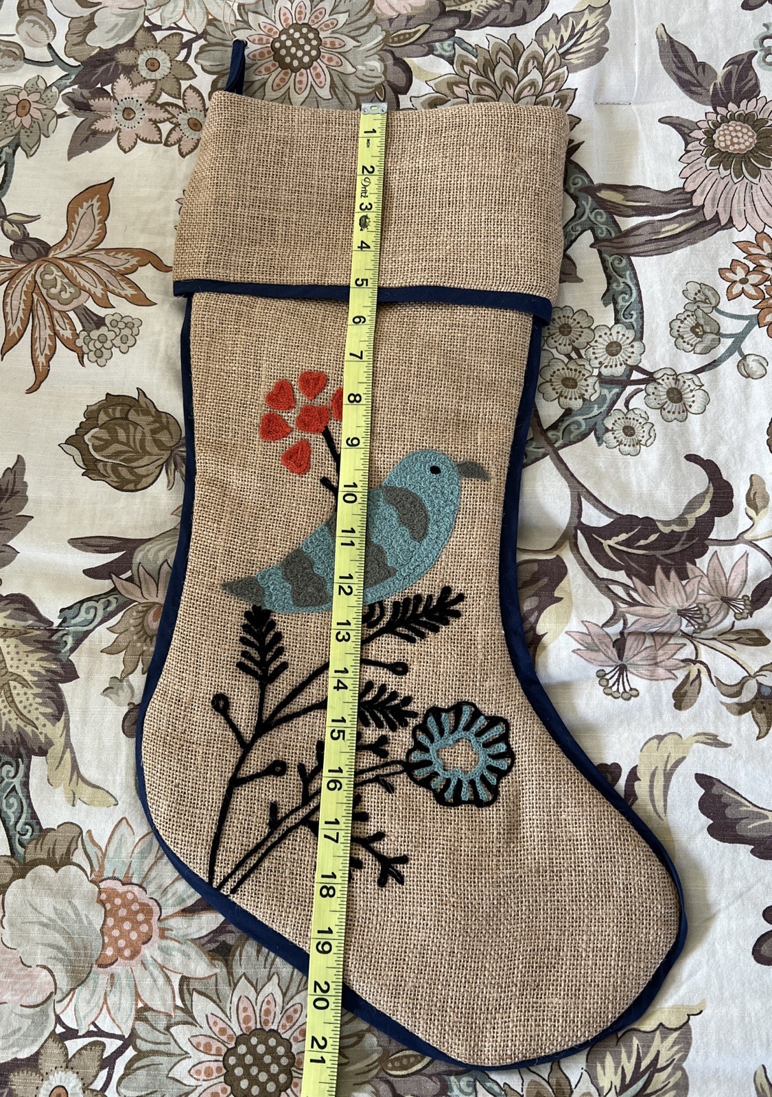 ARCADIA HOME CHRISTMAS STOCKING 100% JUTE EMBROIDERED BLUE BIRD AND FLOWERS