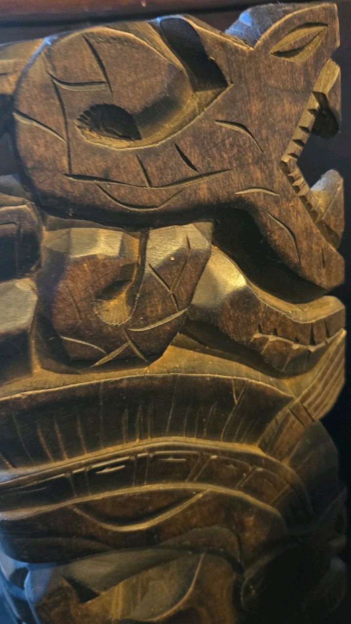 Vtg Hand Carved Aztec Mayan Intricately Carved Wood Warrior Mask Snake Jaguar