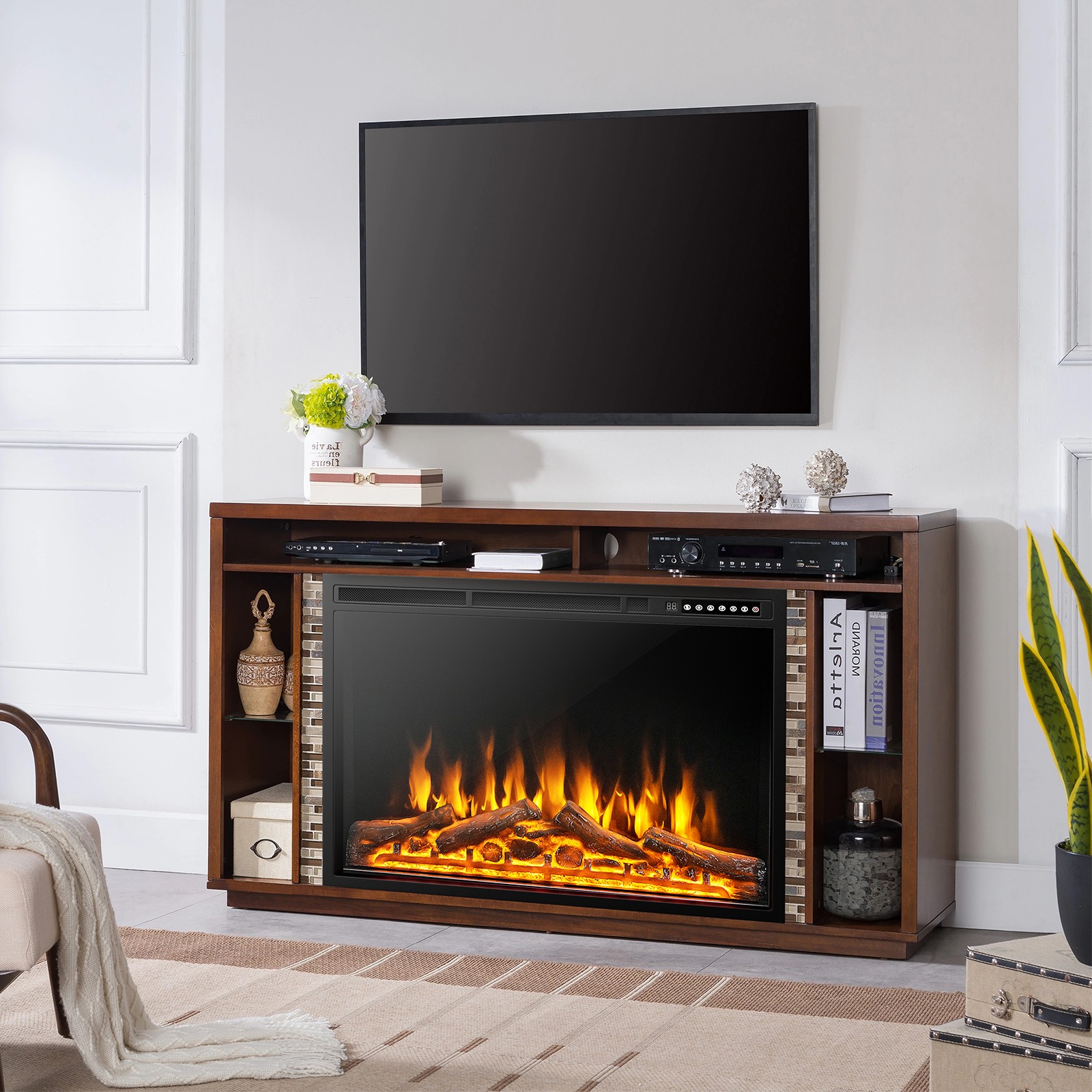 37" Electric Fireplace Insert Heater Log Flame Effect w/ Remote Control 1500W