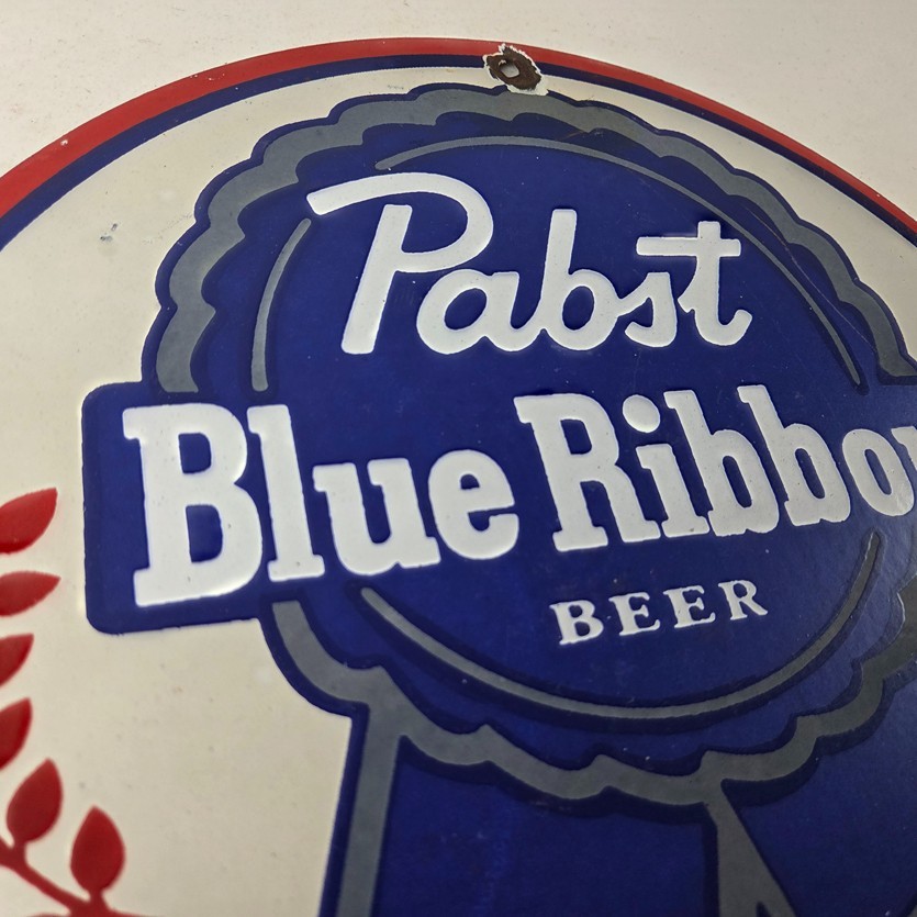 Vintage Pabst Blue Ribbon Beer Porcelain Sign - Ribbon Badge Logo Sign