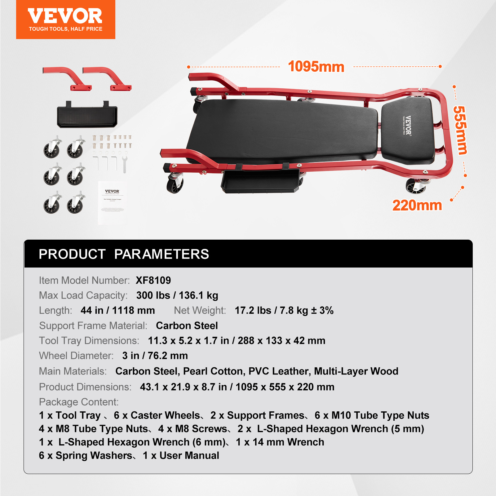 VEVOR 44 in Mechanic Garage Creeper 300 lbs Capacity Automotive Rolling Creeper
