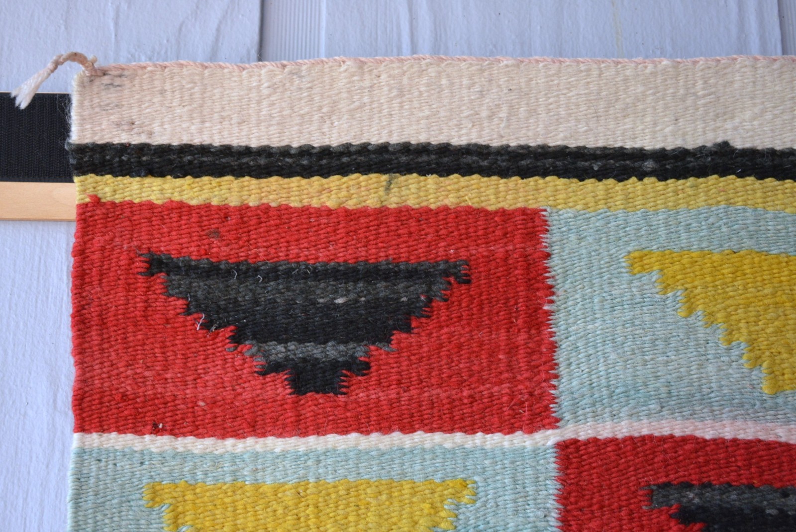 Unique Old Navajo Rug - Optical Design in Turquoise Yellow Red Black - 39" x 19"