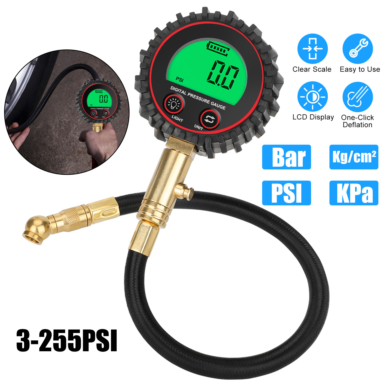 Digital Accurate Air Pressure Tire Gauge 255PSI Meter Tester for Truck Car Bike