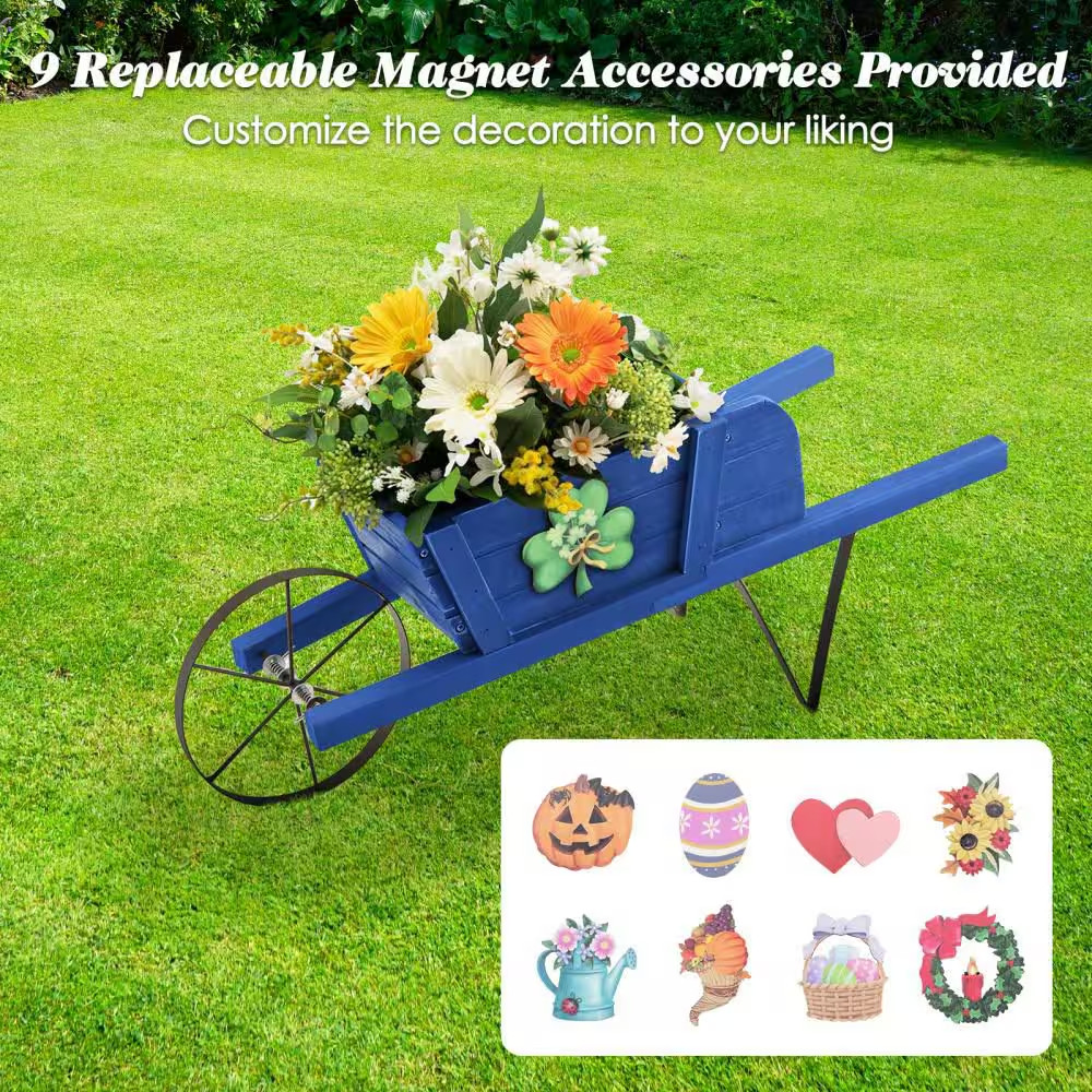 Wood Wagon Planter Decorative Indoor/Outdoor Rustic Flower Cart with Wheel Blue