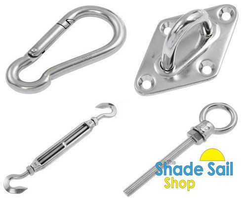 Shade sail accessories Turnbuckles, d shackles, eye bolts, pad eyes, snap hooks