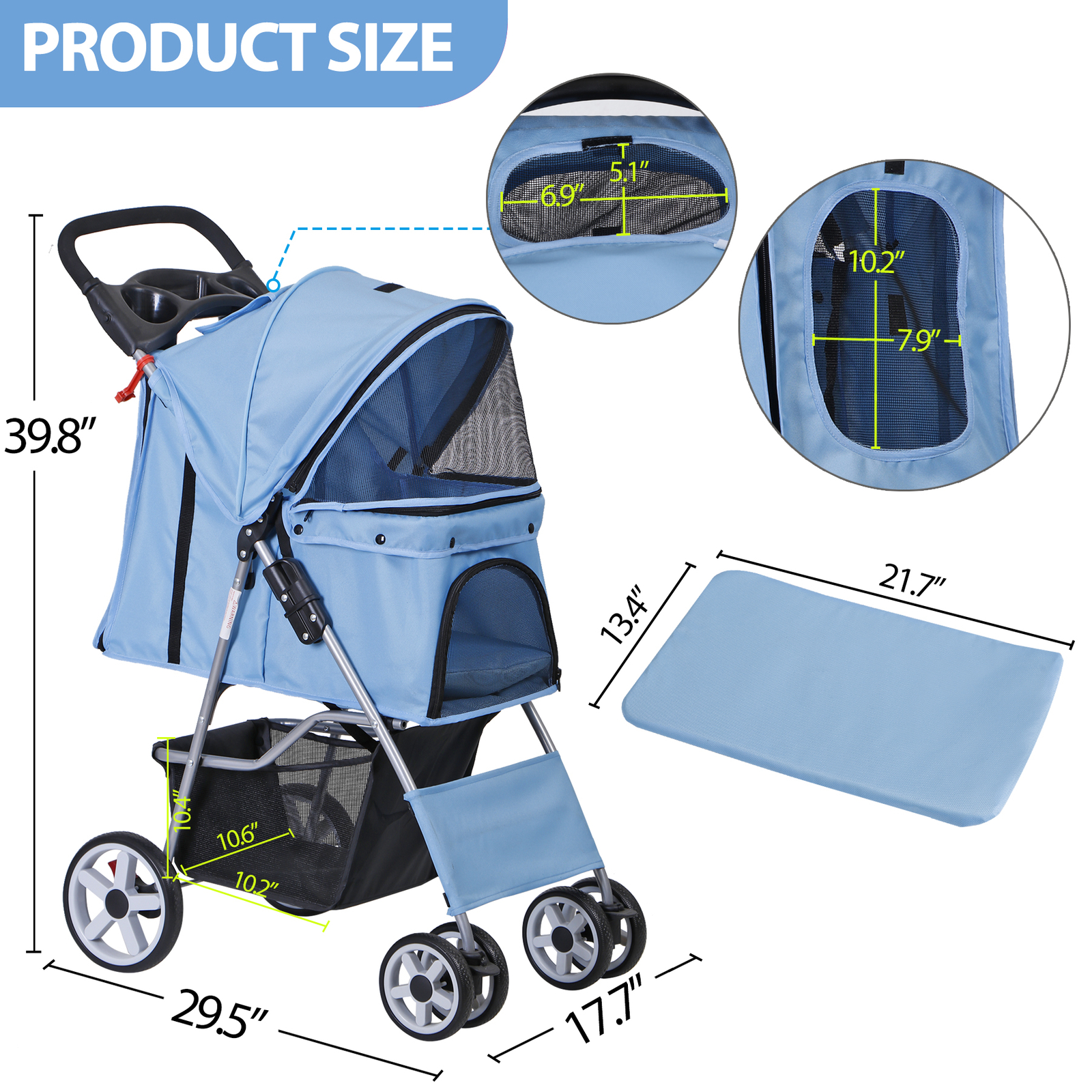 4 Wheels Pet Stroller Portable Dog Stroller w/ Storage Basket & Cup Holder Blue