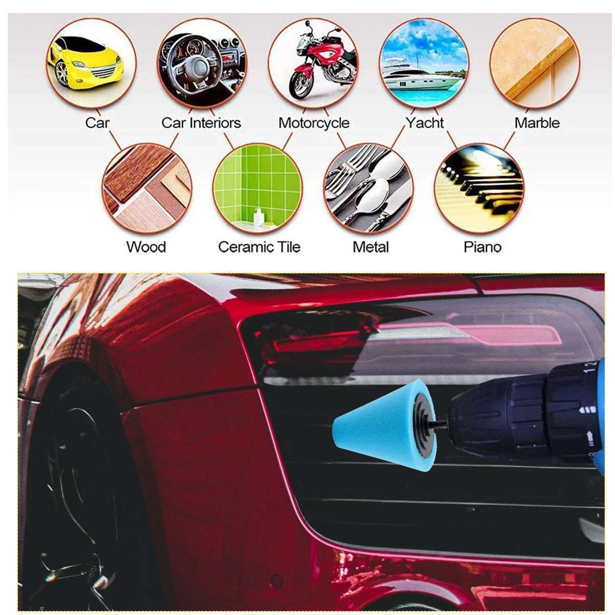 5x Foam Drill Polishing Cone Ball Pads Kit Car Hub Waxing Buffing Wheel Polisher