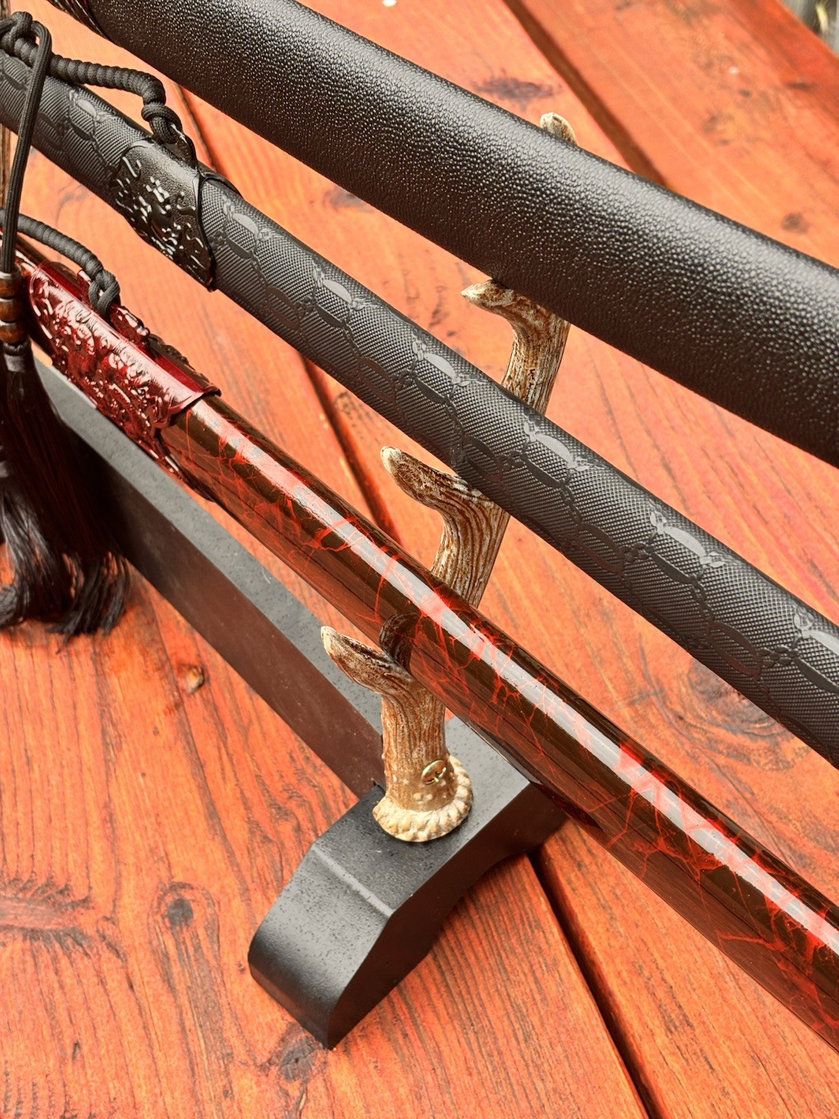 Katana Stand Antler Samurai Sword Stand Faux Antlers With Black Wood Base 3 Tier